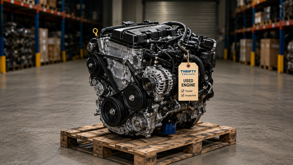 Used replacement engine on a pallet