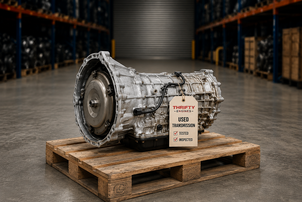 Used replacement transmission on a pallet